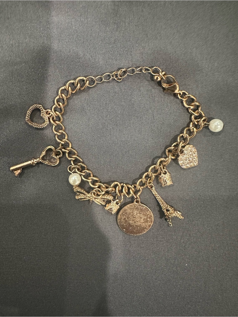 Gold-Tone Charm Bracelet with Hearts, Key & Eiffel Tower